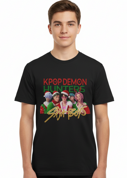 Teens Black Christmas T-Shirt with KPop Demon Hunters Saja Boys Print Main Image