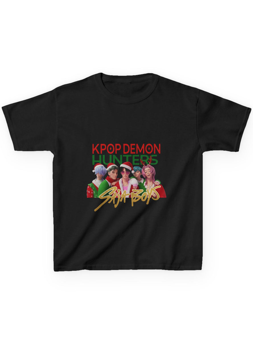 Teens Black Christmas T-Shirt with KPop Demon Hunters Saja Boys Print