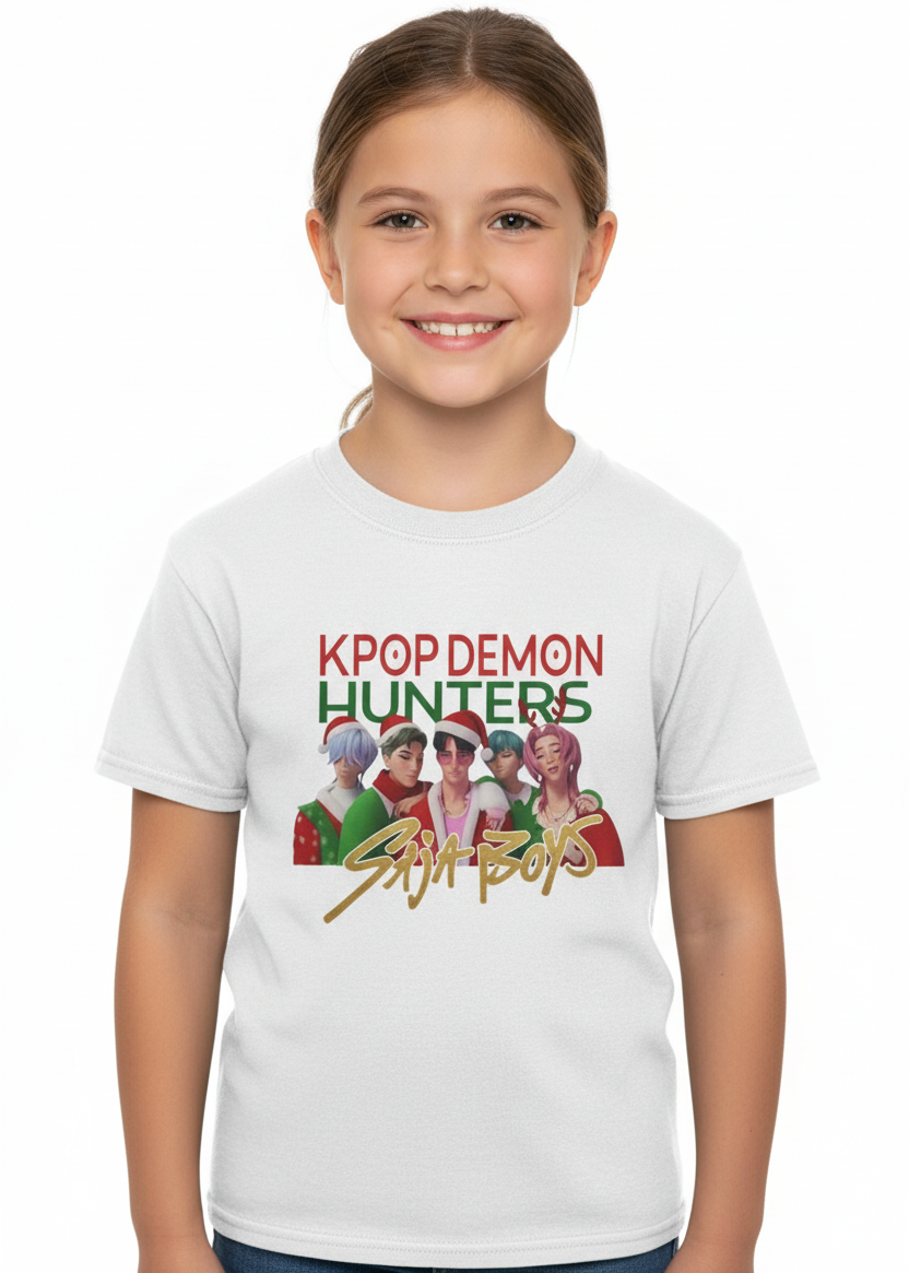 Kids White Christmas T-Shirt with KPop Demon Hunters Saja Boys Print Main Image