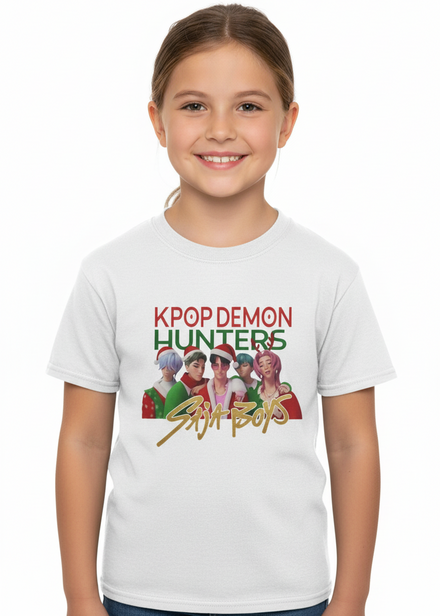 Kids White Christmas T-Shirt with KPop Demon Hunters Saja Boys Print Main Image