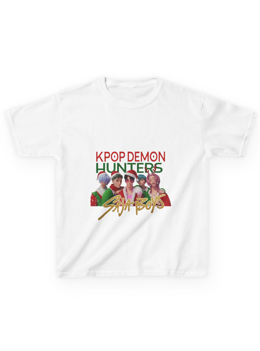 Kids White Christmas T-Shirt with KPop Demon Hunters Saja Boys Print