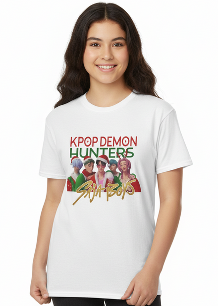 Teens White Christmas T-Shirt with KPop Demon Hunters Saja Boys Print Main Image