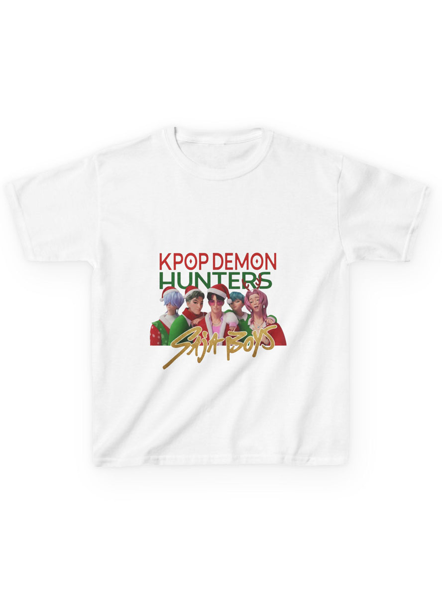 Teens White Christmas T-Shirt with KPop Demon Hunters Saja Boys Print