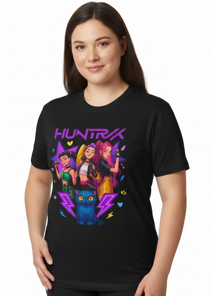 Adults Black Plus Size T-Shirt with KPop Huntrix Girls and Demon Cat Print Main Image