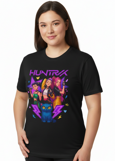 Adults Black Plus Size T-Shirt with KPop Huntrix Girls and Demon Cat Print Main Image