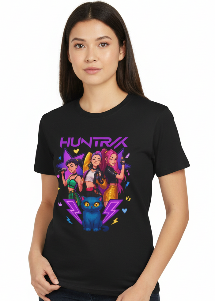 Adults Black T-Shirt with KPop Huntrix Girls and Demon Cat Print Main Image