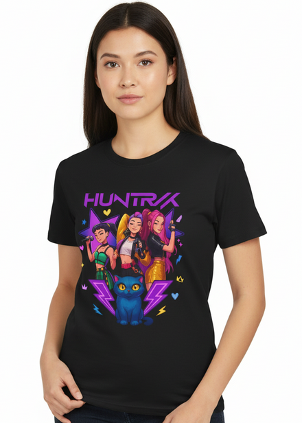 Adults Black T-Shirt with KPop Huntrix Girls and Demon Cat Print Main Image
