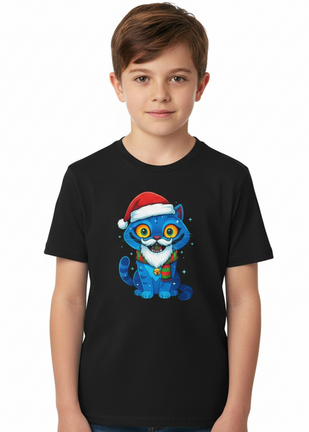Kids Black Christmas T-Shirt with KPop Blue Demon Cat Print Main Image