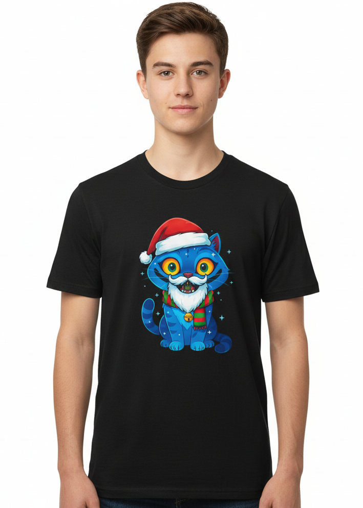 Teens Black Christmas T-Shirt with KPop Blue Demon Cat Print Main Image