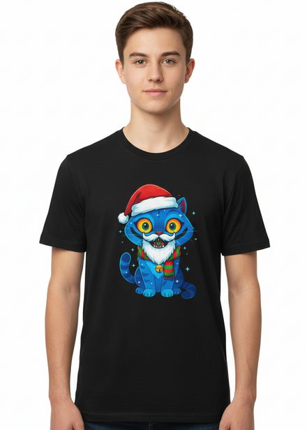 Teens Black Christmas T-Shirt with KPop Blue Demon Cat Print Main Image