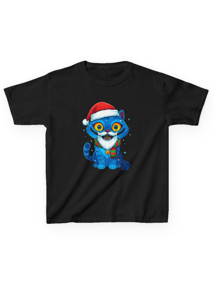 Teens Black Christmas T-Shirt with KPop Blue Demon Cat Print