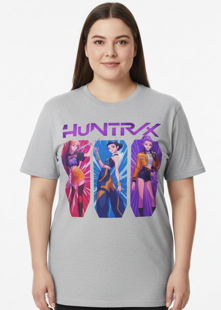 Adults Grey Plus Size T-Shirt with KPop Favorite Huntrix 3 Girls Print Main Image