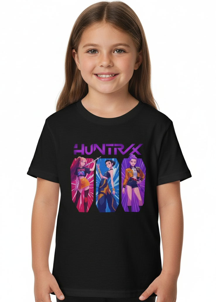 Kids Black T-Shirt with KPop Favorite Huntrix 3 Girls Print Main Image