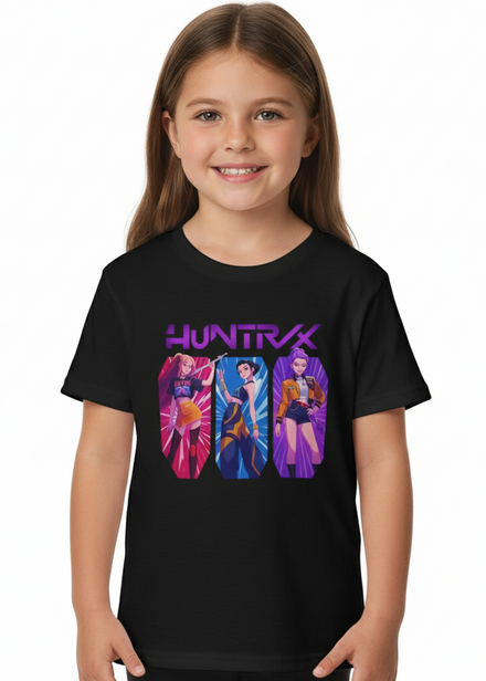 Kids Black T-Shirt with KPop Favorite Huntrix 3 Girls Print Main Image