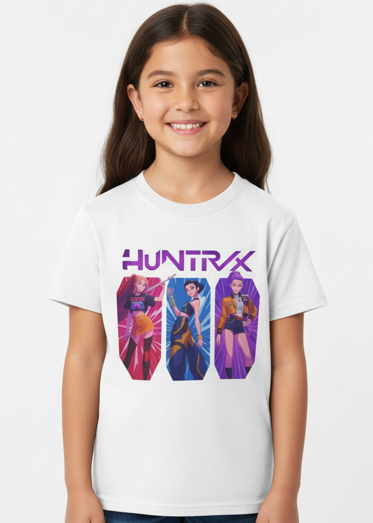 Kids White T-Shirt with KPop Favorite Huntrix 3 Girls Print Main Image