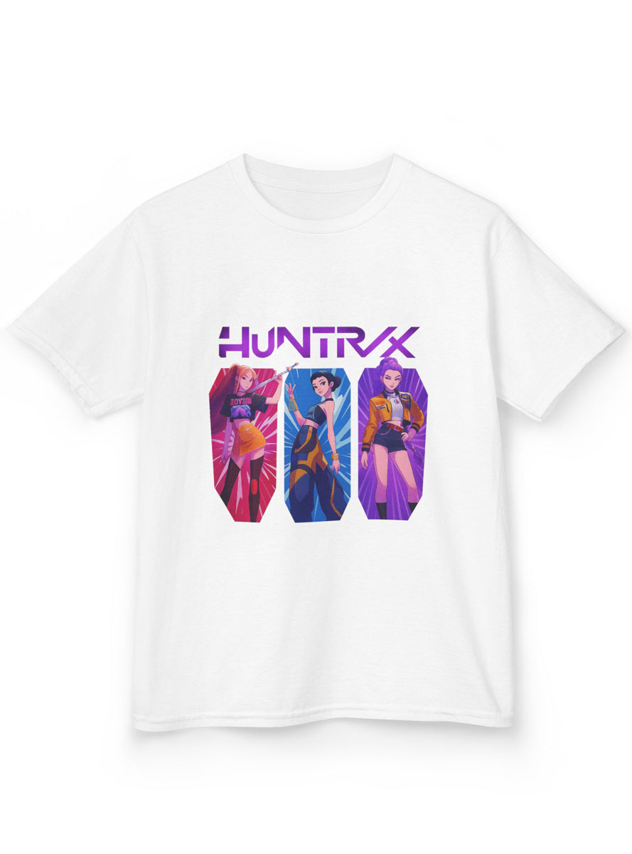 Kids White T-Shirt with KPop Favorite Huntrix 3 Girls Print