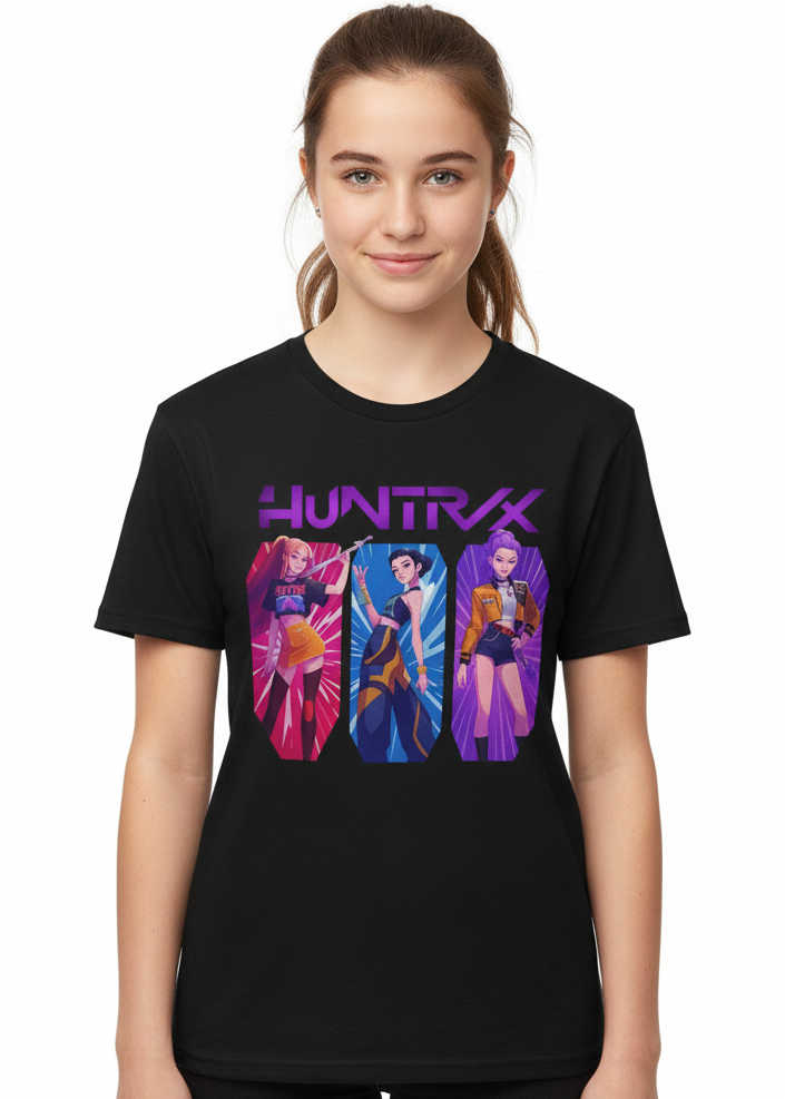 Teens Black T-Shirt with KPop Favorite Huntrix 3 Girls Print Main Image