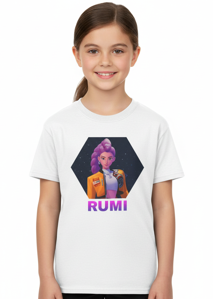 Kids White T-Shirt with KPop Half Demon Rumi Lead Singer Print Main Image