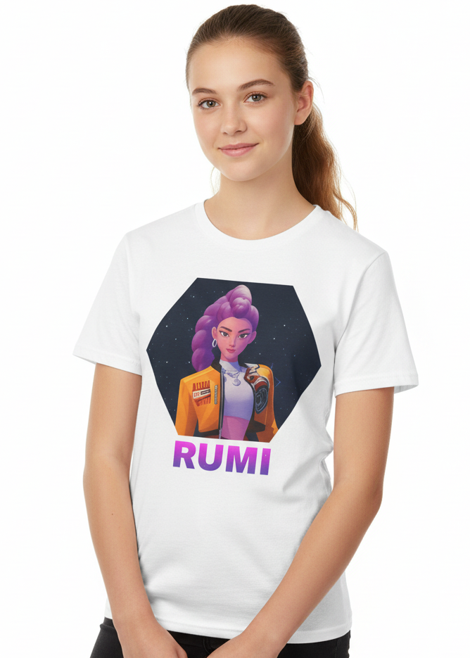Teens White T-Shirt with KPop Half Demon Rumi Lead Singer Print Main Image