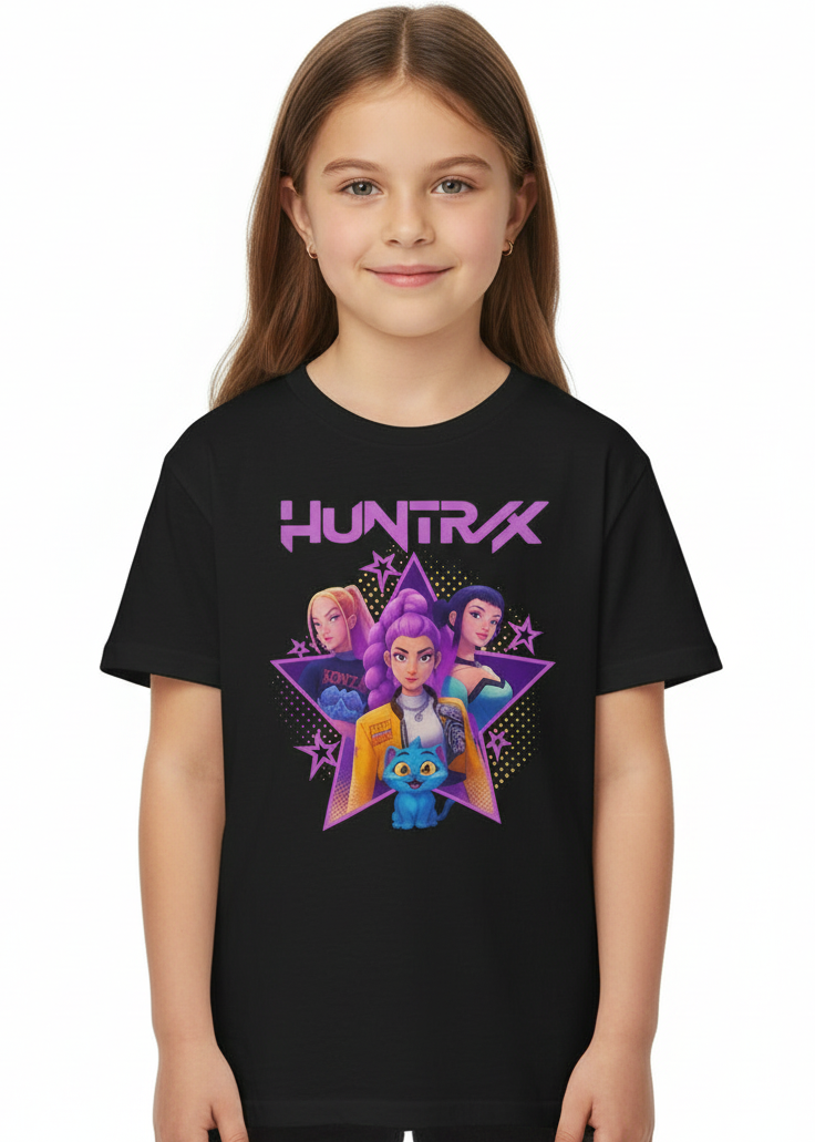 Kids Black T-Shirt with KPop Star Girls and Demon Cat Print Main Image