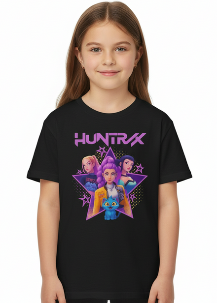 Kids Black T-Shirt with KPop Star Girls and Demon Cat Print Main Image