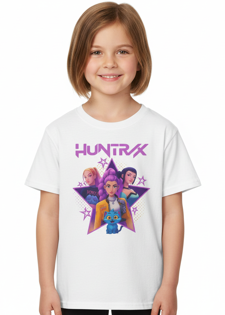 Kids White T-Shirt with KPop Star Girls and Demon Cat Print Main Image