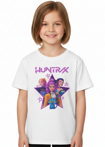 Kids White T-Shirt with KPop Star Girls and Demon Cat Print Main Image