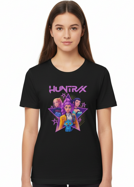 Teens Black T-Shirt with KPop Star Girls and Demon Cat Print Main Image