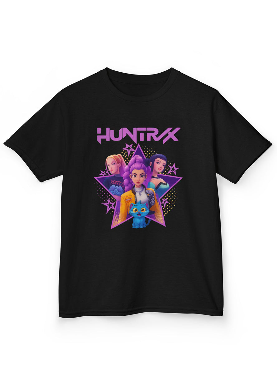Teens Black T-Shirt with KPop Star Girls and Demon Cat Print