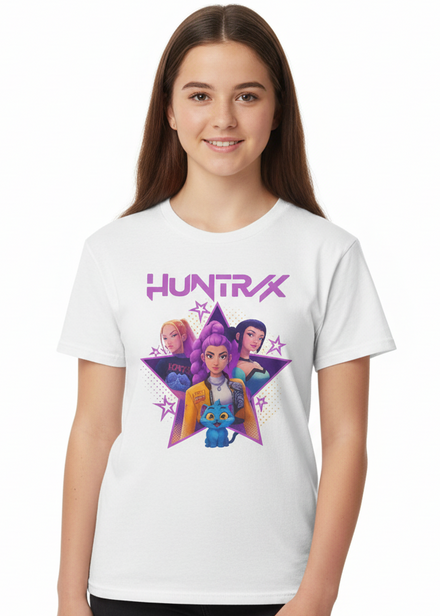 Teens White T-Shirt with KPop Star Girls and Demon Cat Print Main Image