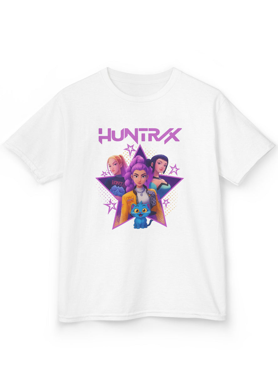 Teens White T-Shirt with KPop Star Girls and Demon Cat Print
