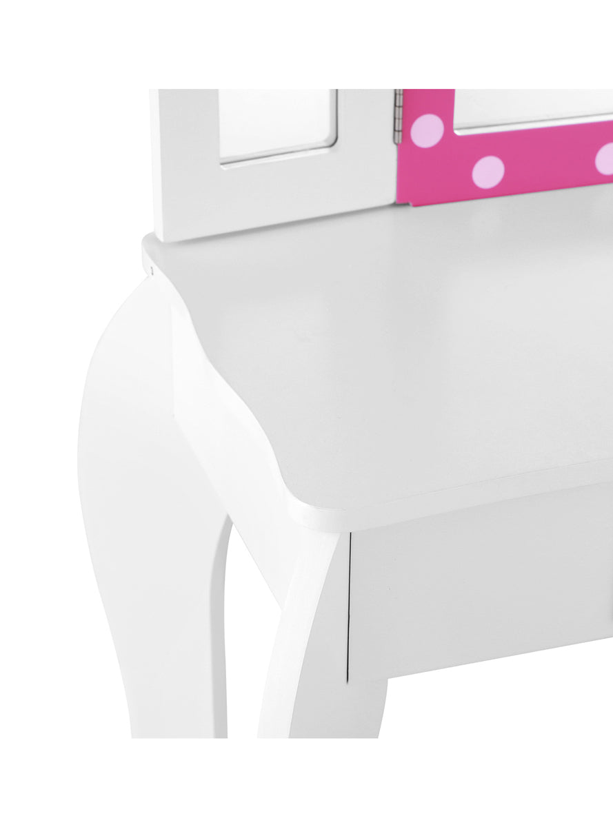 Keezi Kids Pink And White Polka Dot Wooden Vanity Table With Chair - Close Image