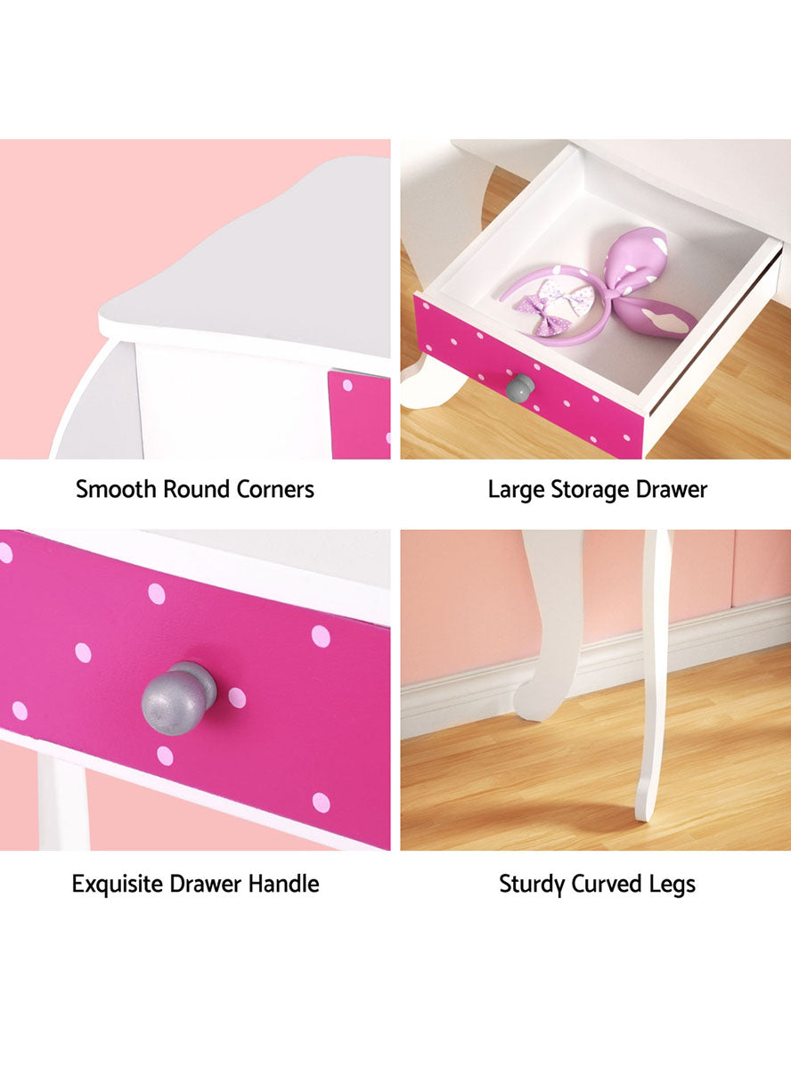 Keezi Kids Pink And White Polka Dot Wooden Vanity Table With Chair - Info Image 1