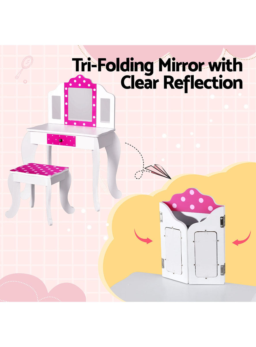Keezi Kids Pink And White Polka Dot Wooden Vanity Table With Chair - Info Image 2