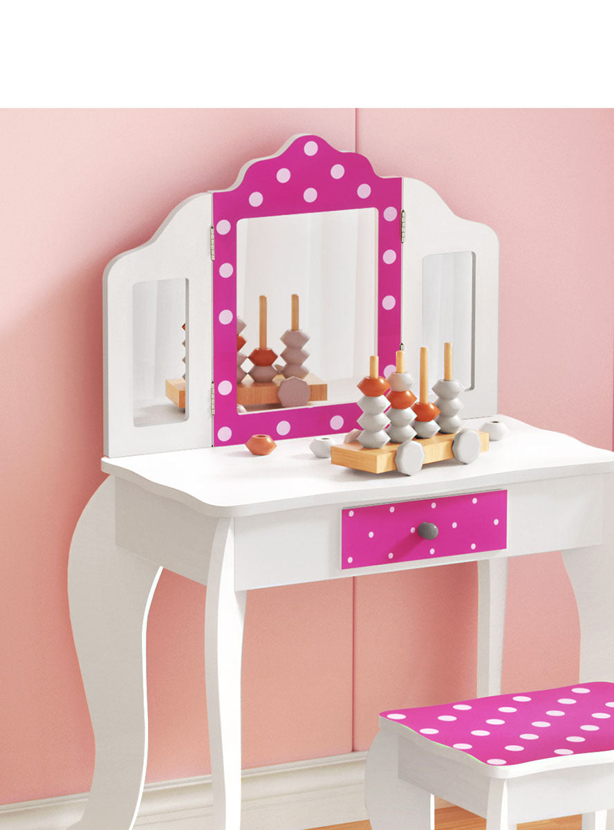 Keezi Kids Pink And White Polka Dot Wooden Vanity Table With Chair - Lifestyle Image