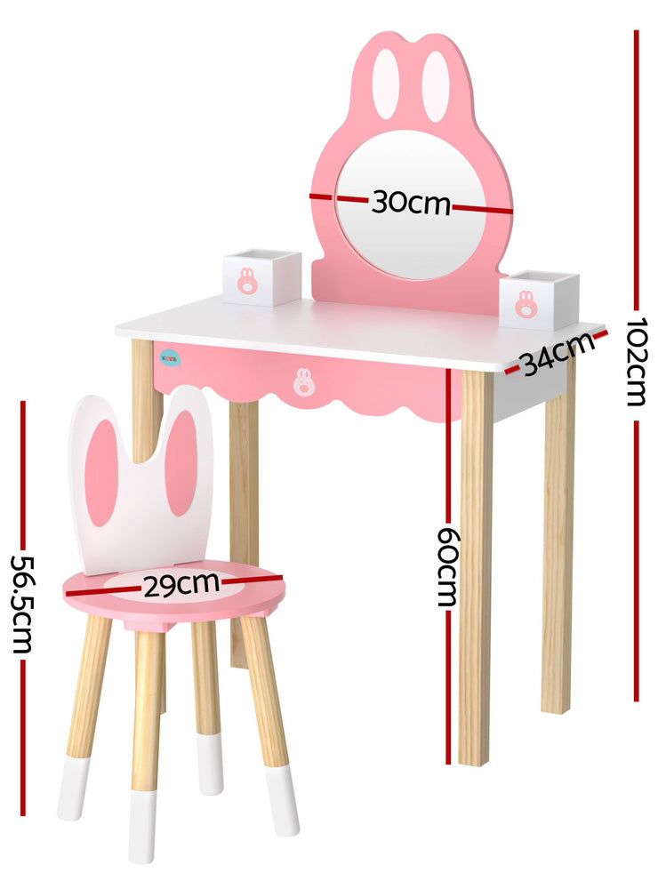 Keezi Kids Pink And White Wooden Bunny Makeup Table And Chair - Dimensions Image