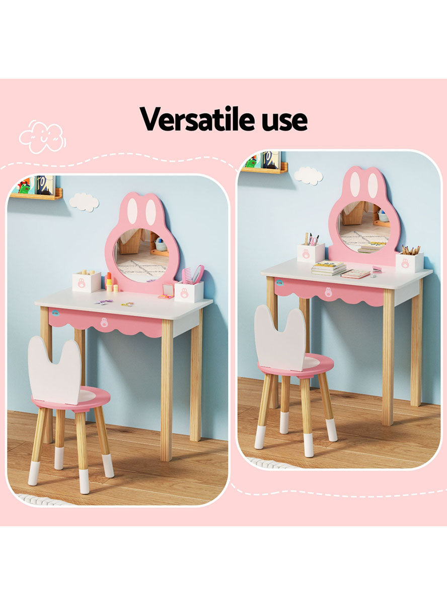 Keezi Kids Pink And White Wooden Bunny Makeup Table And Chair - Info Image 1