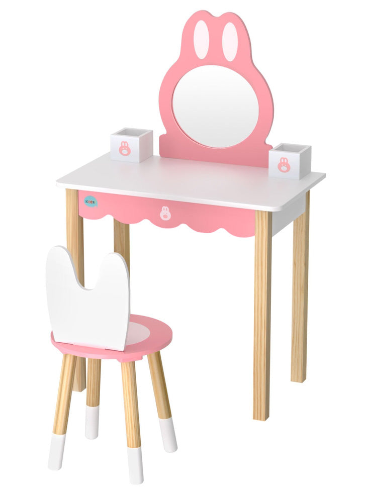 Keezi Kids Pink And White Wooden Bunny Makeup Table And Chair - Main Image