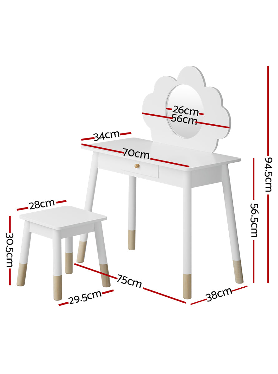 Keezi Kids White Cloud Wooden Vanity Table With Chair - Dimensions Image