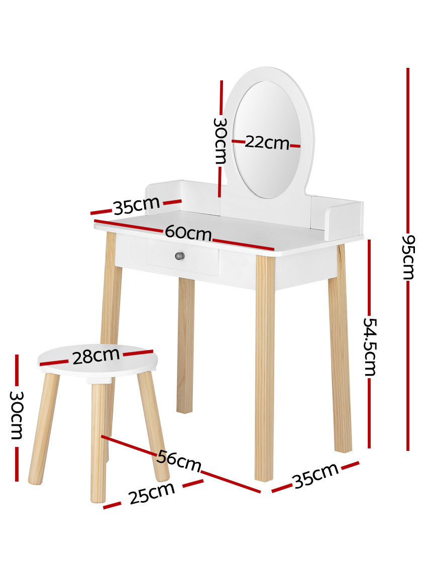 Keezi Kids Wooden White Makeup Table With Stool And Round Mirror - Dimensions Image