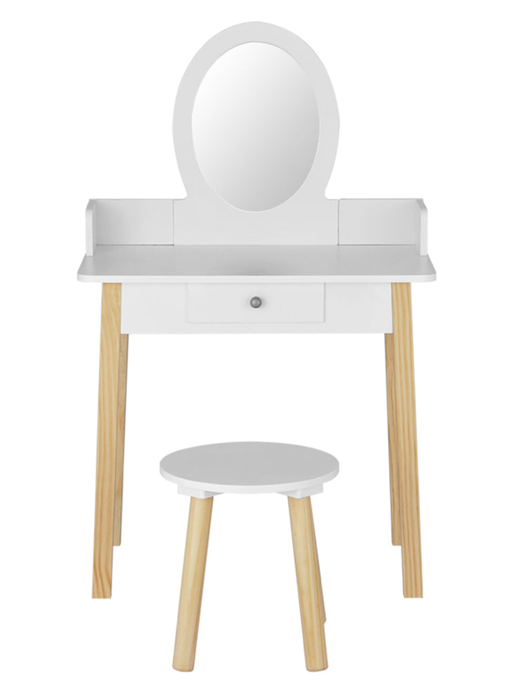 Keezi Kids Wooden White Makeup Table With Stool And Round Mirror - Front Image