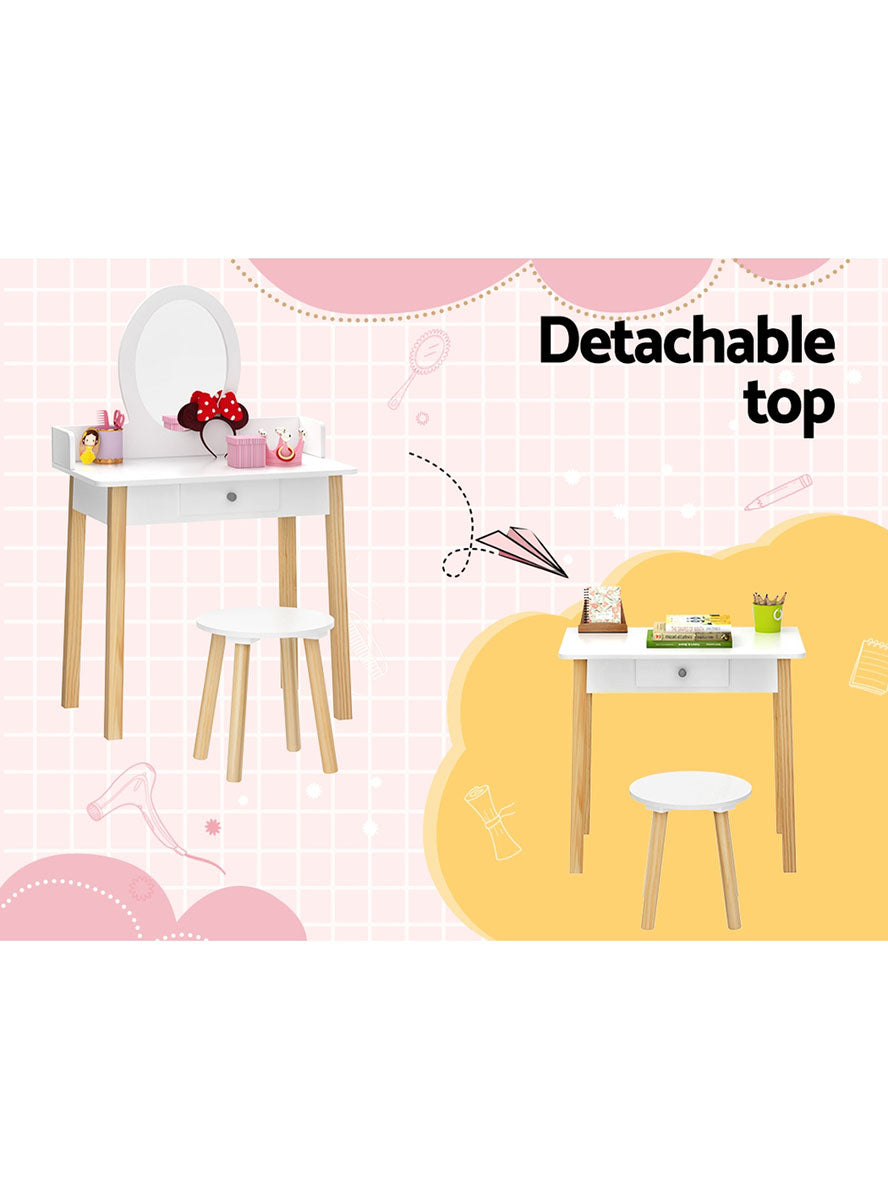 Keezi Kids Wooden White Makeup Table With Stool And Round Mirror - Info Image 2