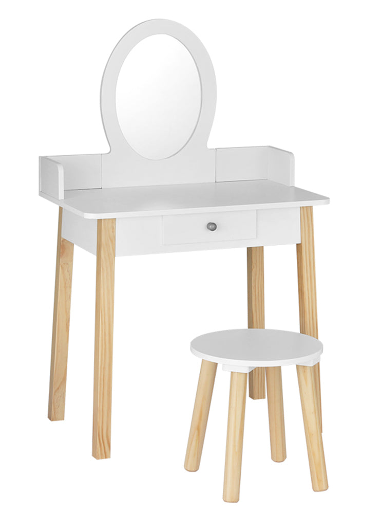 Keezi Kids Wooden White Makeup Table With Stool And Round Mirror - Main Image