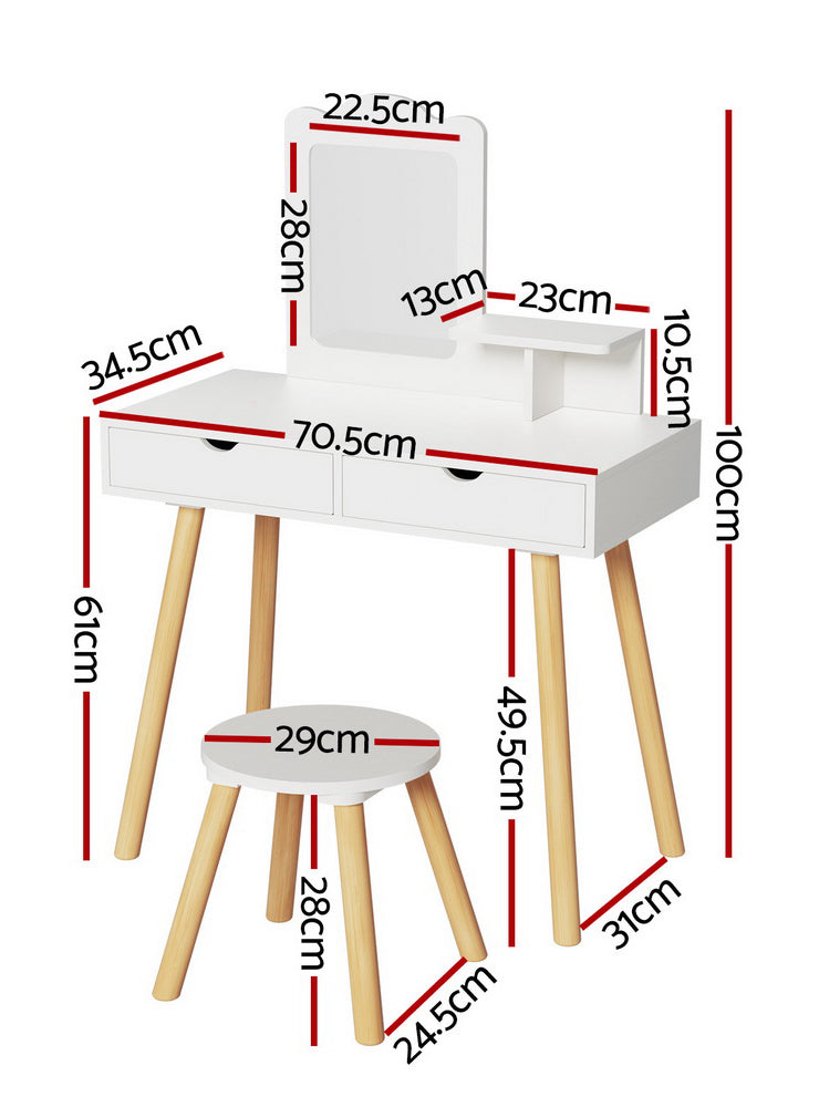 Keezi Kids Wooden White Makeup Table With Stool - Dimensions Image