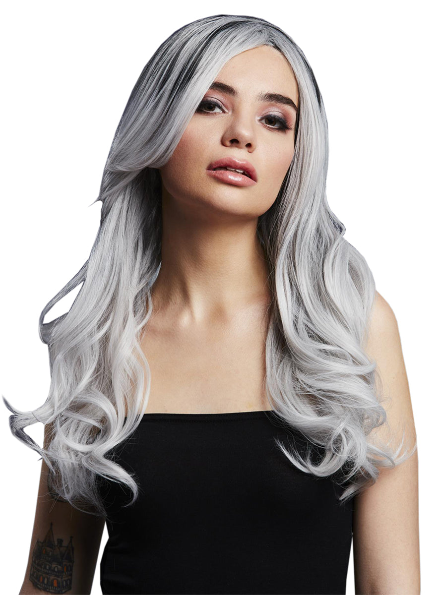 Ice Silver Womens True Blend Wavy Fashion Wig With Dark Roots - Main Image