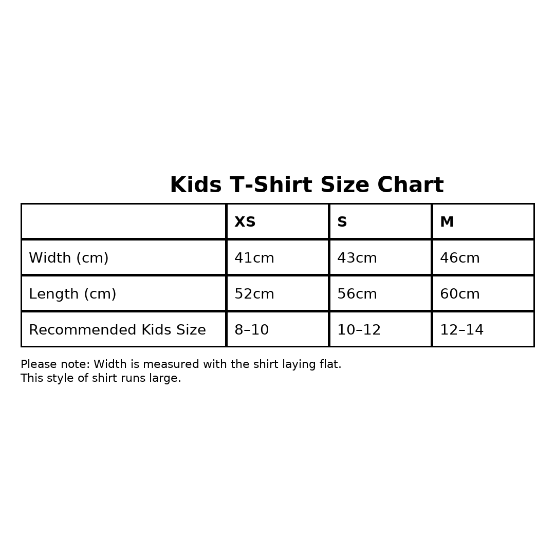 Kids T-Shirts Size Chart Table with Measurements