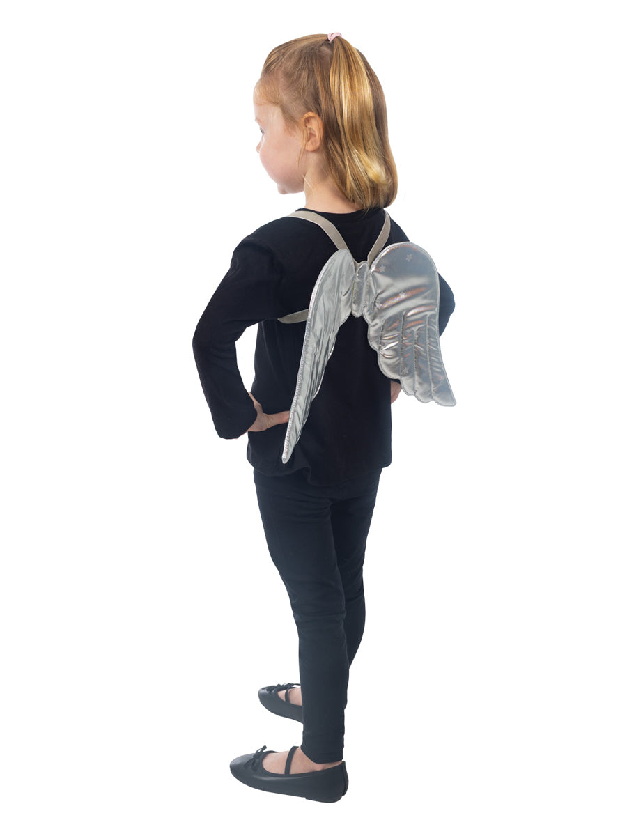 Kids Shiny Silver 40cm Padded Angel Costume Wings - Side Image