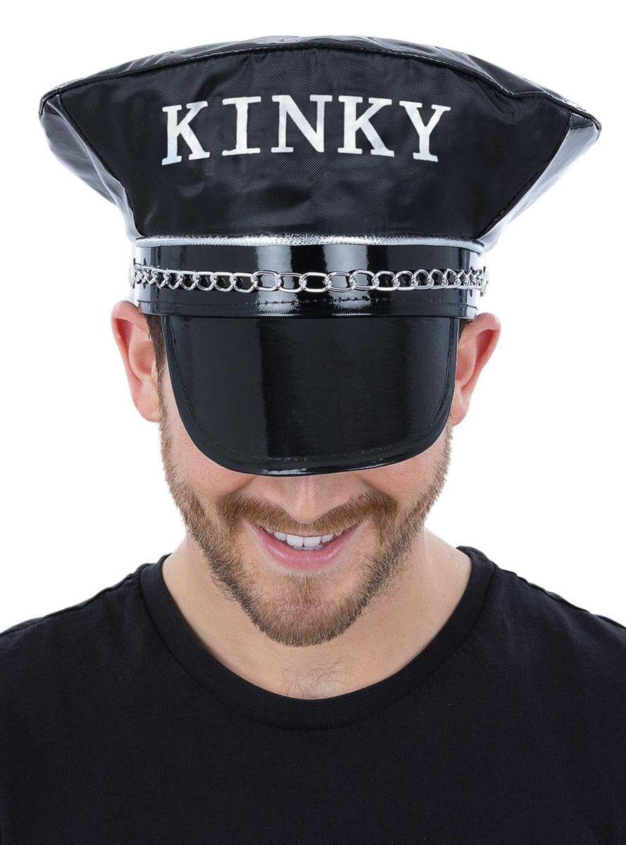 Mens Black Wet Look Kinky Costume Hat With Chains - Main Image