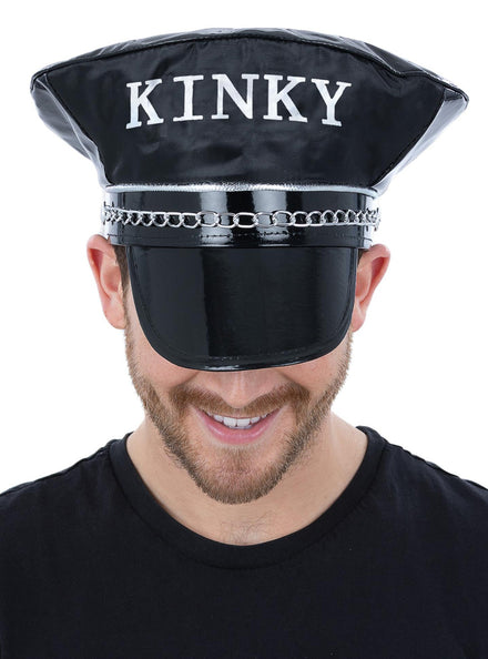 Mens Black Wet Look Kinky Costume Hat With Chains - Main Image