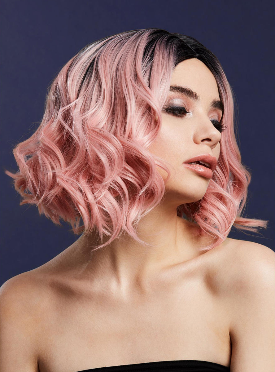 Baby Pink Womens Short Curly Deluxe Fashion Wig With Dark Roots - Main Image